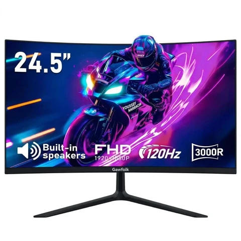 Gawfolk Moniteur PC incurvé, 24,5 pouces, 1K Full HD, 120 Hz, 1 ms MPRT, courbure 3000R, haut-parleurs, AMD FreeSync, TÜV Confort Oculaire, anti-reflets, faible latence, HDMI DisplayPort, VESA 75 x 75 mm, Noir
