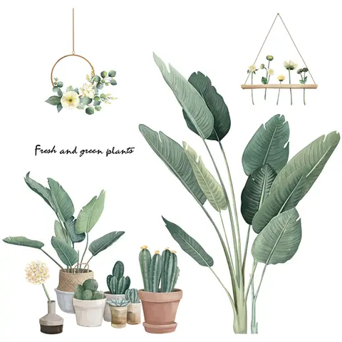 Green Tropical Assorted Leaves Decals Removable PVC Wall Stickers - Living Room Bedroom Office Home Decorations,Green Pot Plants