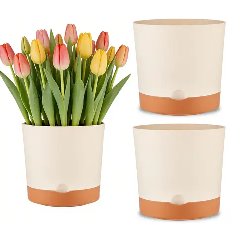 3 zelfwaterende plantenpotten, 16,5 cm diameter, beige hars bloempotten met bodembakjes, diep wateropslagreservoir, schone en knoeivrije kleine plantenpotten, geschikt voor kruiden, vetplanten, pothos, vensterbanken en tuinen