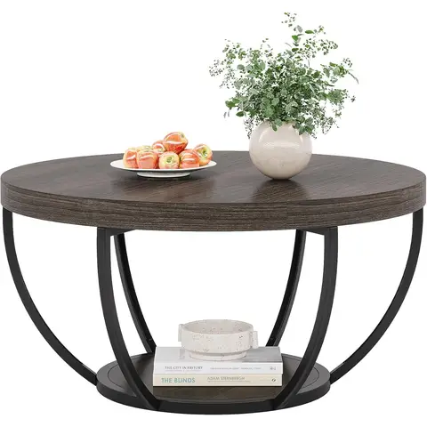 Wooden Coffee Table, 2-Tier Round Central Cocktail Table with Shelves