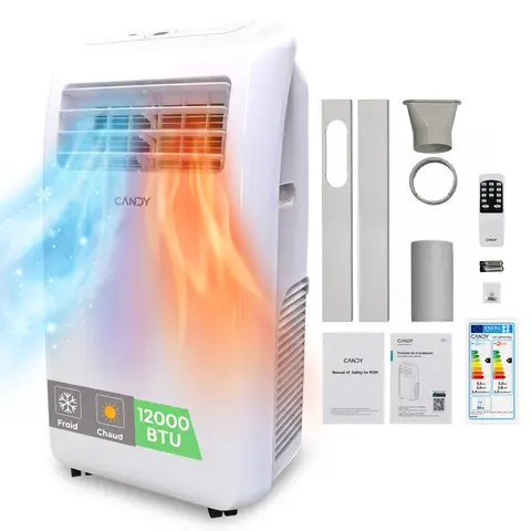 Candy Climatiseur mobile refroidissement et chauffage rapides 12000 BTU, Unité AC intelligente 4 en 1, Pour pièces jusqu'à 35 ㎡, 3 vitesses, Minuterie 24 h, Kit de fenêtre inclus, Classe énergétique A+, Propulsé par Haier