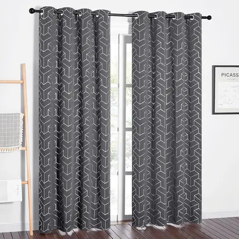 PONY DANCE Foil Printed Blackout Curtains Eyelet, 2 Panels W140 x L245 cm(W55 x L96 inch), Grey