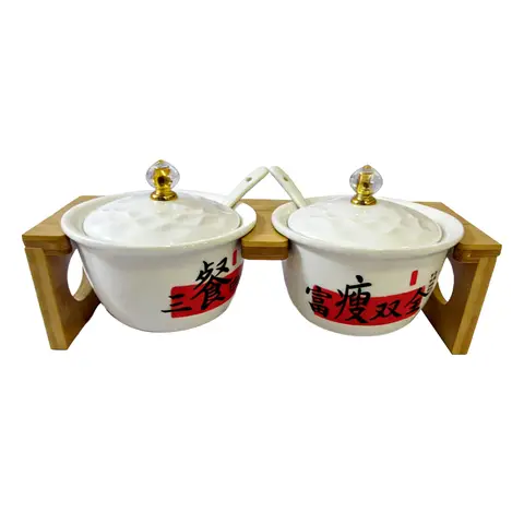 Chinesisches Keramik-Dosenset, weiße Porzellan-Vorratsgläser mit Bambustablett für die Küchenarbeitsplatte  
2er-Set Gewürzgläser mit Löffeln, "Meal" und "Slim" Kalligrafie, weiße Keramik mit Holzhalter