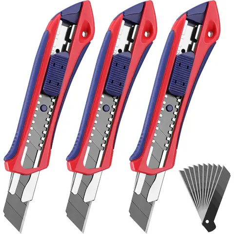 WORKPRO Set of 3 Cutter Knife Set 18 mm with 10 Replacement Blades Made of SK5, Professional Cutter Knife with Rubber Handle, Snap Off Blade, Cardboard Knife, Multi-Purpose Knife, Cutting to Paper,
