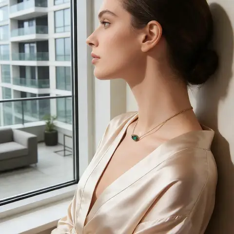 VoxorAI Hypoallergenic Natural Zirconia Gold Necklace for Women Green Zirconia Wholesale Ins-Style Luxury Collarbone Chain with Crystal Pendant