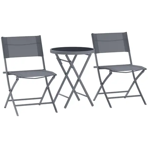 Outsunny 3 Pieces Outdoor Bistro Set, Glass Top Outdoor Table and 2 Folding Chairs, Garden Furniture Set with Protecting Feet, Metal Frame, Easy Clean, Grey