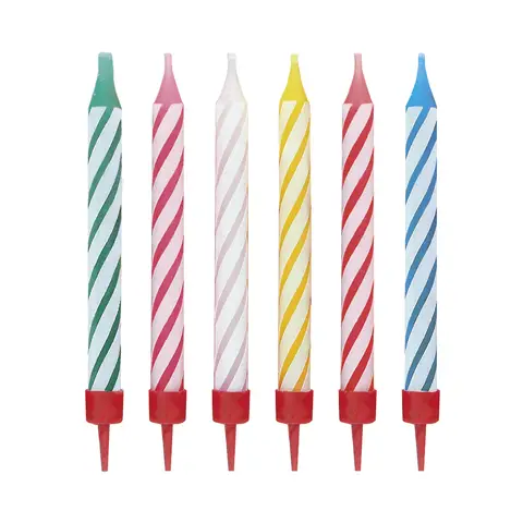 Unique Party Birthday Candles, Striped in Holders, 12 Pack