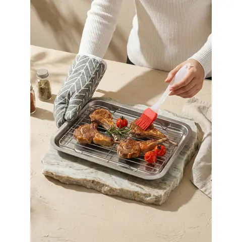 PURE COOK Plaque de cuisson avec grille série 304, Ensemble 2 pièces, Plateau rectangulaire avec grille en treillis métallique