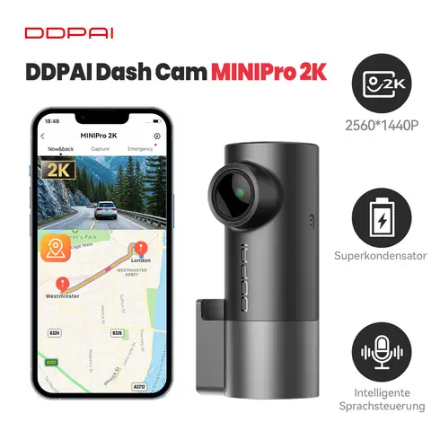 DDPAI MINI Pro Dashcam-DVR, 1440p-Auflösung, WLAN, 121° Sichtfeld, Nachtsicht, intelligente Sprachsteuerung, unterstützt 24‑Stunden‑Parküberwachung