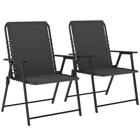 Outsunny Folding Garden Chairs Set of 2, Foldable Garden Dining Chairs with Wide Texteline Seat, High Back and Armrests, All Weather Outdoor Chair Set for Patio, Balcony, Camping, Beach, Black