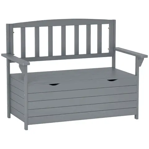 Outsunny Outdoor 2 Seater Garden Bench, Wooden Bench with Storage, Garden Storage Bench with Backrest, Arm Rests for Outdoor Patio Porch, 112 x 84 x 58 cm, Dark Grey