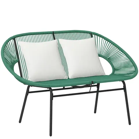 Outsunny Banquette banc de jardin 2 places en acier et cordage en résine avec 2 coussins - dim. 132L x 72l x 83H cm - vert foncé