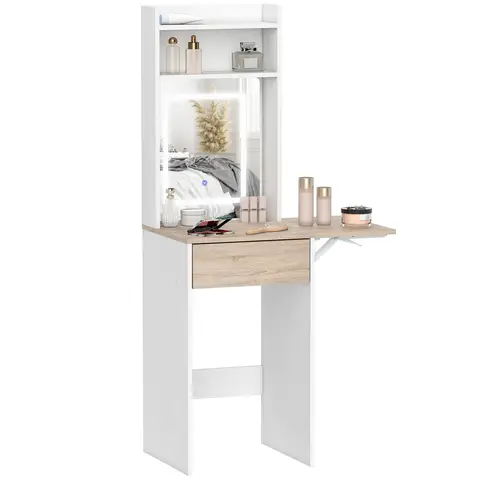 HOMCOM Small Dressing Table with Mirror, Adjustable LED Lights, Drop Leaf Side, Vanity Desk with Shelves and Drawer