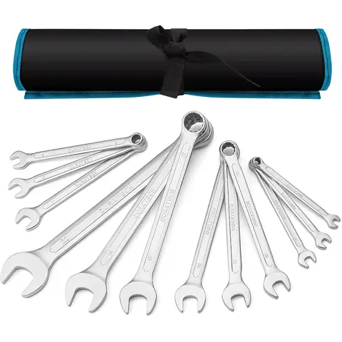 DURATECH Jeu de clés mixtes 12 pièces, 6-22 mm, Acier Cr-V, Bout coudé | Coudé à 15°, Clés à anneau et à bout ouvert, Bout fermé à 12 points, Acier chrome-vanadium, Finition chromée, Antirouille, Pochette à rouler