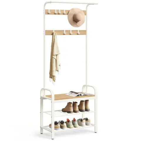 VASAGLE Clothes Horse, 183x72x33.7cm, Coat Stand with Shoe Storage Bench, with 9 Removable Hooks,Industrial, Oak and Cream