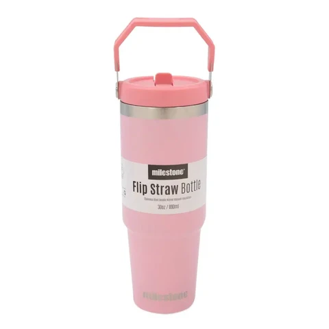 Milestone Travel Mug 30oz Tumbler with Straw, Handle & Lid/Large Capacity Insulated Stainless Steel Travel Cup for Cold or Hot Drinks (Pink)