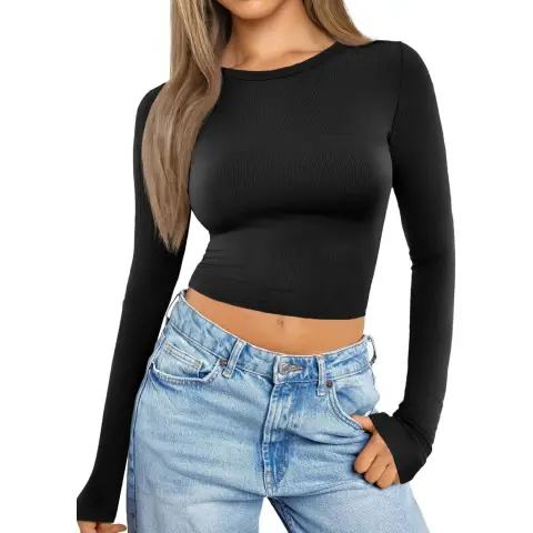 Women Crop Tops Long Sleeve Ribbed Slim Fit Workout Cropped Tee Y2K Short T-Shirts (black, M)