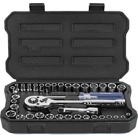 WORKPRO Steckschlüsselsatz, 39-teilig, 1/4'' & 3/8'' Antrieb, CR-V, metrische und zöllige Stecknüsse, Ratsche mit Schnelllösefunktion, kompakt, für Kfz-Reparaturen