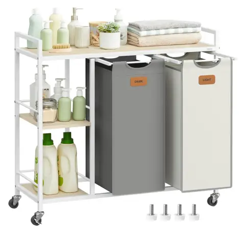 VASAGLE Laundry Basket, with 2 Compartments, 87x33x80.5cm, Dove Grey and Cream White