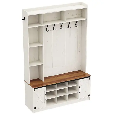 HaluPeit Garderobenständer mit Sitzbank, Garderobenständer mit LED-Beleuchtung, Kleiderständer, verstellbare Einlegeböden, 15 offene Fächer, 7 Haken, für Flure, 40,3 x 120 x 191 cm, Weiß und Braun