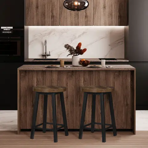 WOLTU 2X Rückenfreie Esshocker Runder Sitzstuhl aus Metall und Holz mit Fußstütze für Bar Küche BH297hov-2, Vintage Holz