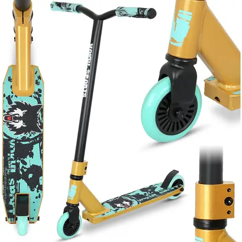 Trotinette VOKUL Pro Trick, trotinette de cascade d'entrée de gamme pour enfants à partir de 6 ans, trotinette de BMX freestyle complète en aluminium et légère pour débutants (Or)