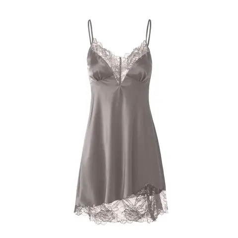 IZURIA wide lace v-neck light grey silk-like suspender dress  S