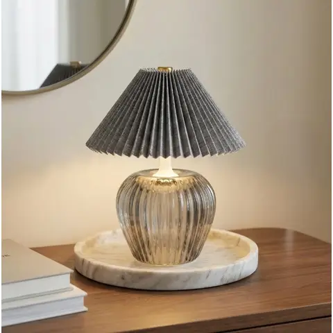 Candlelight Table Lamp Vintage Pleated Shade LED Grey H:19.5cm
