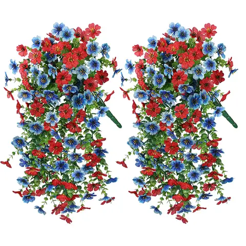 4Pcs 29.5in/75cm
Artificial Faux Hanging Flowers Plants for Outdoor Decor Outside Fake Mums Violets with Eucalyptus Realistic Daisy Trailing Vines for Yard Balcony Porch Decor(red&blue)