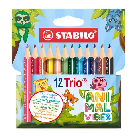STABILO Short, Thick Triangular Colored Pencils, Animal Fun Series, 12-Pack, Assorted Colors