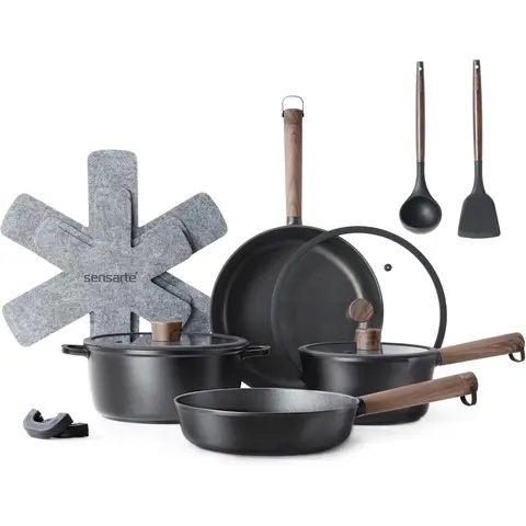 SENSARTE Pots and Pans Set Nonstick Cookware Set Kitchen Cooking Set Non-stick, Dishwasher & Oven Safe, Induction Compatible, Free of Intentionally Added PFOA/PFOS, 13pcs, Black