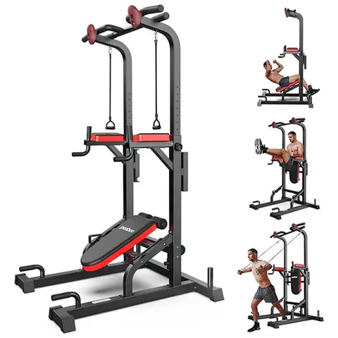 Pooboo Multifunction Power Tower with Bench and Rock Climbing Grip Pull Up Bar Dip Station for Home Gym Workout Strength Training Fitness Equipment