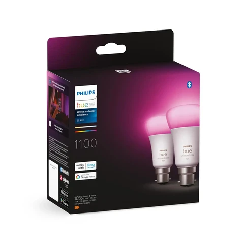 Philips Hue White & Colour Ambiance Smart Bulb Twin Pack LED B22 with Bluetooth - 1100 Lumen