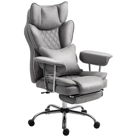 HOMCOM Executive Office Chair, Leathaire Reclining Computer Desk Chair with Lumbar Support Pillow, Built-in Headrest, High Back, Footrest, Silent Swivel Wheels, Armrest for Home, Grey