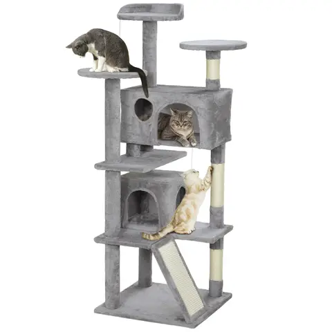 PawHut Cat Tree, 138cm Cat Tower with Sisal Scratching Posts and Pad, Bed, Condos, Platforms, Toy Balls, Anti-Tip Kit, Kitten Activity Centre for Indoor, Light Grey