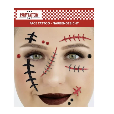 Face Tattoo Narben, temporäres Glitter Gesichtstattoo für Motto Party, Halloween & Karneval, Kinder & Erwachsene