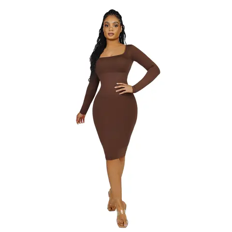 Feelingirl Women Seamless Square Neck Long Sleeve Arm Shaper Thummy Control Recycled Standard Shaping Dress M/L Brown, Couple Gift Perfect Gift