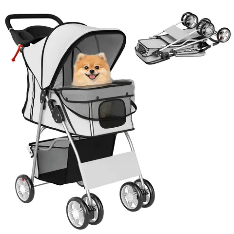 PawHut Dog Pram, Foldable Pet Stroller for Small Miniature Dogs Cats, Pet Buggy Pushchair with 360° Swivel EVA Wheels, Brake 