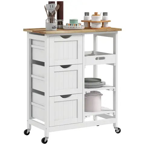 HOMCOM Rolling Kitchen Island Cart, Bar Serving Cart, Compact Trolley on Wheels with Wood Top, Shelves & Drawers for Home Din