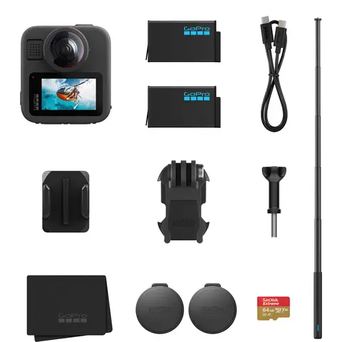 GoPro MAX2 Zubehörpaket mit 1,2 m Verlängerungsstab, 2 Enduro-Akkus (1960 mAh) und einer 64 GB SanDisk MicroSD-Karte