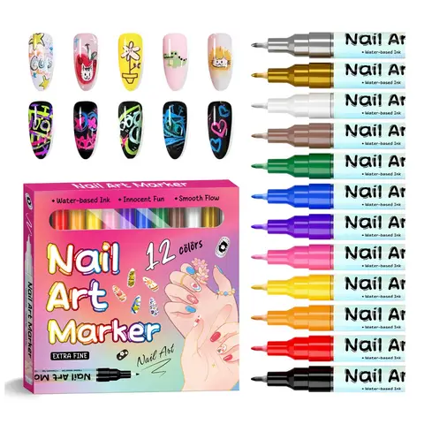 12 Color Nail Art Pens, 3D 0.5 MM Nail Polish Pens Set Dotting Tools Acrylic Paint Pens Drawing Painting Point Liner Pen, Waterproof and Quick-drying for DIY Nail Art Design Tools