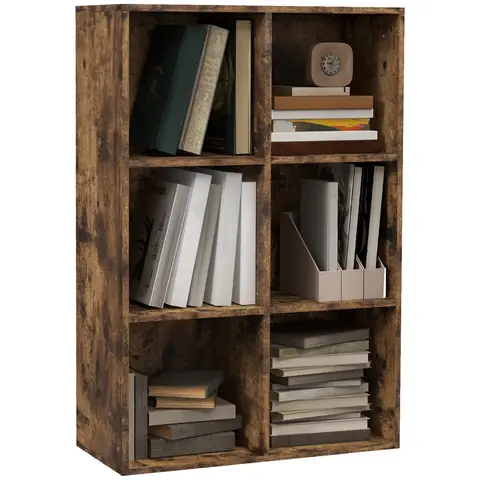 HOMCOM 3 Tier Bookshelf, Modern Cube Bookcase with 6 Open Storage Compartments, Freestanding Display Storage Unit Rustic Brow