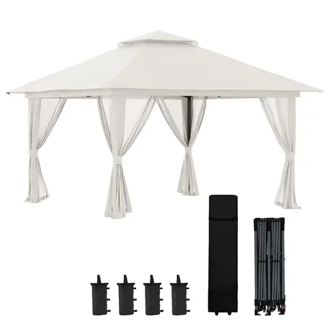 Outsunny Tonnelle de jardin extérieur barnum de jardin pop-up tente pliant 4 x 4 m double toit protection UV 50+ 4 moustiquaires, 4 sacs de sable, 1 sac de transport tissu Oxford métal blanc