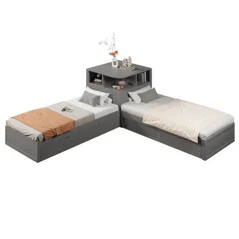 Welltin L-vormig platformbed met onderbed en opbergruimte met schuifdeur, grijs, 90x200 cm