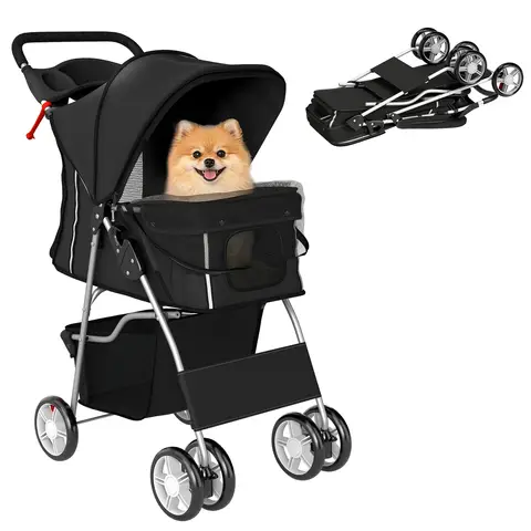PawHut Dog Pram, Foldable Pet Stroller for Small Miniature Dogs Cats, Pet Buggy Pushchair with 360° Swivel EVA Wheels, Brake 