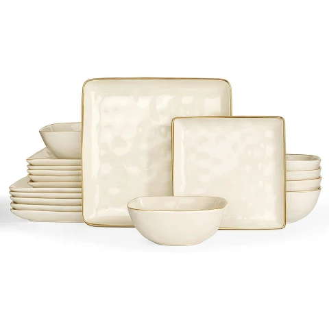 Richmount Ozean Serie Geschirrset - 18-teiliges quadratisches Keramikset für 6 Personen - Enthält Essteller/Salatteller/Müslischalen - Spülmaschinen- und Mikrowellengeeignet - Beige