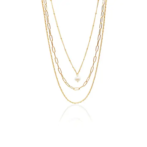 Triple Layer Chain and Pearl 18K Gold Plated 45/49/55cm Necklace