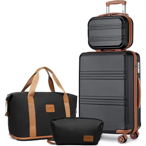 Kono Leichtes ABS-Hartschalen-Handgepäck mit TSA-Schloss, Reisekoffer-Set mit Kosmetikkoffer, Duffel-Beutel und Toilettentasche, Schwarz/Braun, 12 Zoll + 20 Zoll
