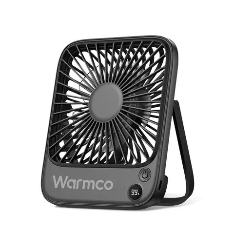Warmco Ventilateur de voyage portable 5000 mAh, ventilateurs de bureau compacts ultra-fins, rechargeables, alimentés par batterie, silencieux, 4 vitesses, inclinable à 180°, pour bureau, camping, croisière, plein air, Noir