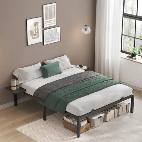 VASAGLE Bett 160 x 200 cm, Gästebett mit Staufächern, Doppelbett, Metallbettgestell, Metallbett, Einfache Montage, Klassisches Schwarz RMB095B01
